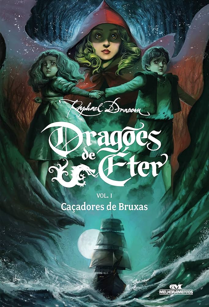 Capa do livro Dragões de Éter: Caçadores de Bruxas, fantasia nacional com contos de fadas reimaginados